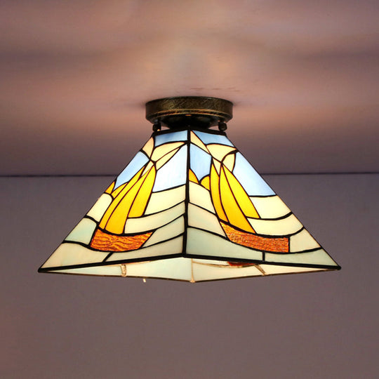 Tiffany Style Nautical Stained Glass Flush Light Fixture - Clear/White/Orange/Pink/Blue - for Hallway