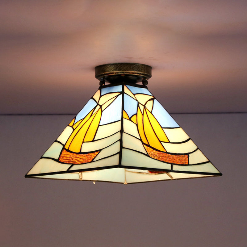 Tiffany Style Nautical Stained Glass Flush Light Fixture - Clear/White/Orange/Pink/Blue For Hallway