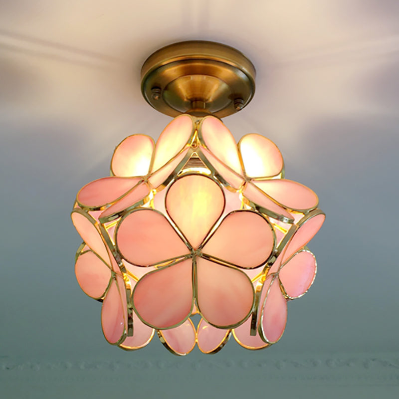 Retro Style Floral Stained Glass Ceiling Light With Pink/Blue/Green/Clear Shades For Hallway