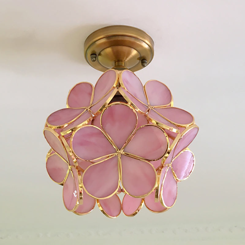 Retro Style Floral Stained Glass Ceiling Light With Pink/Blue/Green/Clear Shades For Hallway