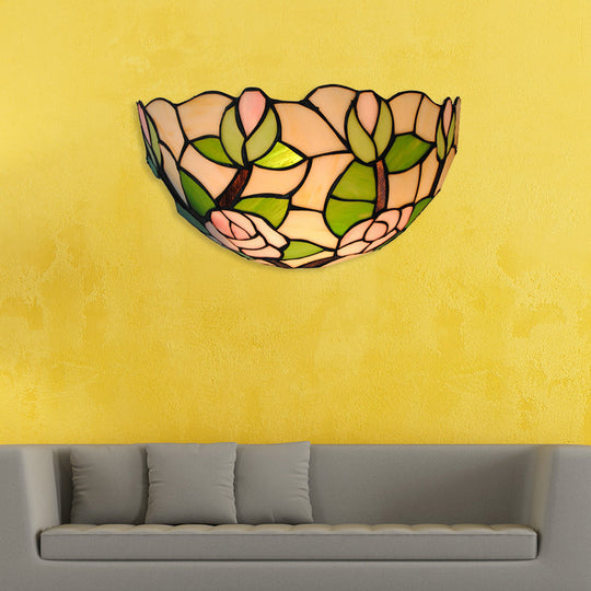 Rustic Stained Glass Wall Lamp - Green Bowl Mount Light With Pink Rose Accent