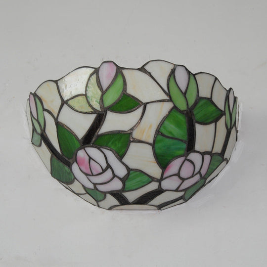 Rustic Stained Glass Wall Lamp - Green Bowl Mount Light With Pink Rose Accent