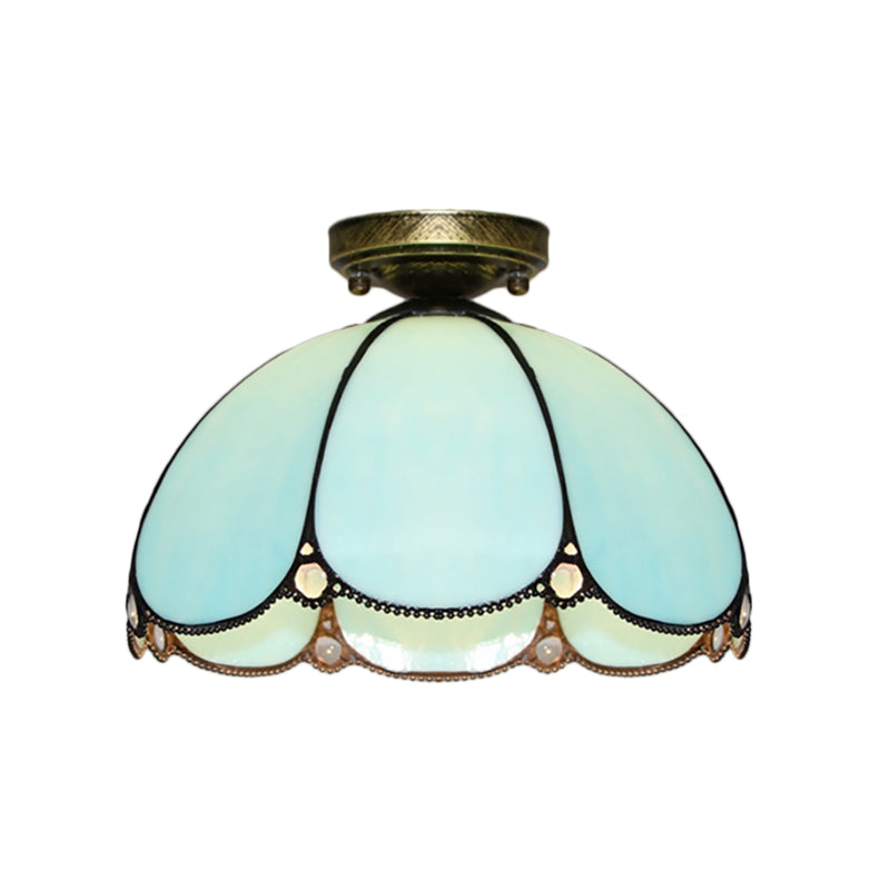 Scalloped Vintage Stained Glass Flush Mount Light - 1 Light in White/Beige/Blue - Perfect for Living Room