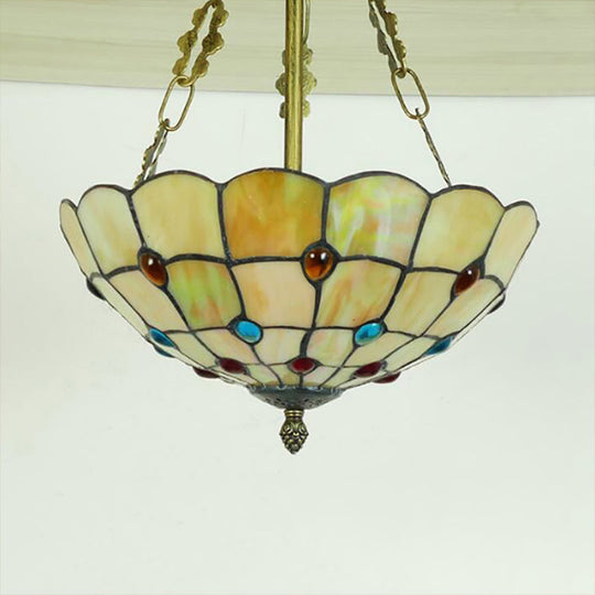 Stained Glass Semi Flush Ceiling Light with Jewel Decoration - Retro Style, Yellow/Beige, Various Sizes - Perfect for Bedrooms