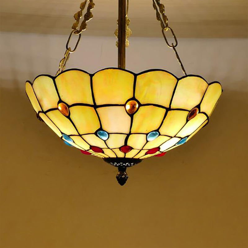 Stained Glass Semi Flush Ceiling Light with Jewel Decoration - Retro Style, Yellow/Beige, Various Sizes - Perfect for Bedrooms