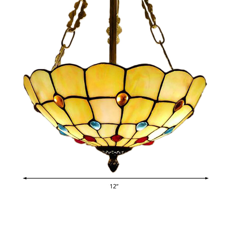 Stained Glass Semi Flush Ceiling Light with Jewel Decoration - Retro Style, Yellow/Beige, Various Sizes - Perfect for Bedrooms