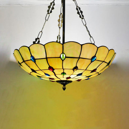 Stained Glass Semi Flush Ceiling Light with Jewel Decoration - Retro Style, Yellow/Beige, Various Sizes - Perfect for Bedrooms