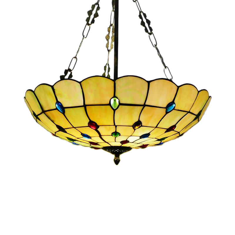 Stained Glass Semi Flush Ceiling Light with Jewel Decoration - Retro Style, Yellow/Beige, Various Sizes - Perfect for Bedrooms