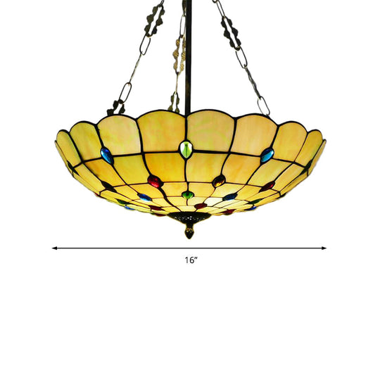 Stained Glass Semi Flush Ceiling Light with Jewel Decoration - Retro Style, Yellow/Beige, Various Sizes - Perfect for Bedrooms