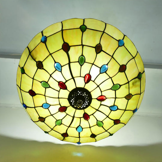 Stained Glass Semi Flush Ceiling Light with Jewel Decoration - Retro Style, Yellow/Beige, Various Sizes - Perfect for Bedrooms