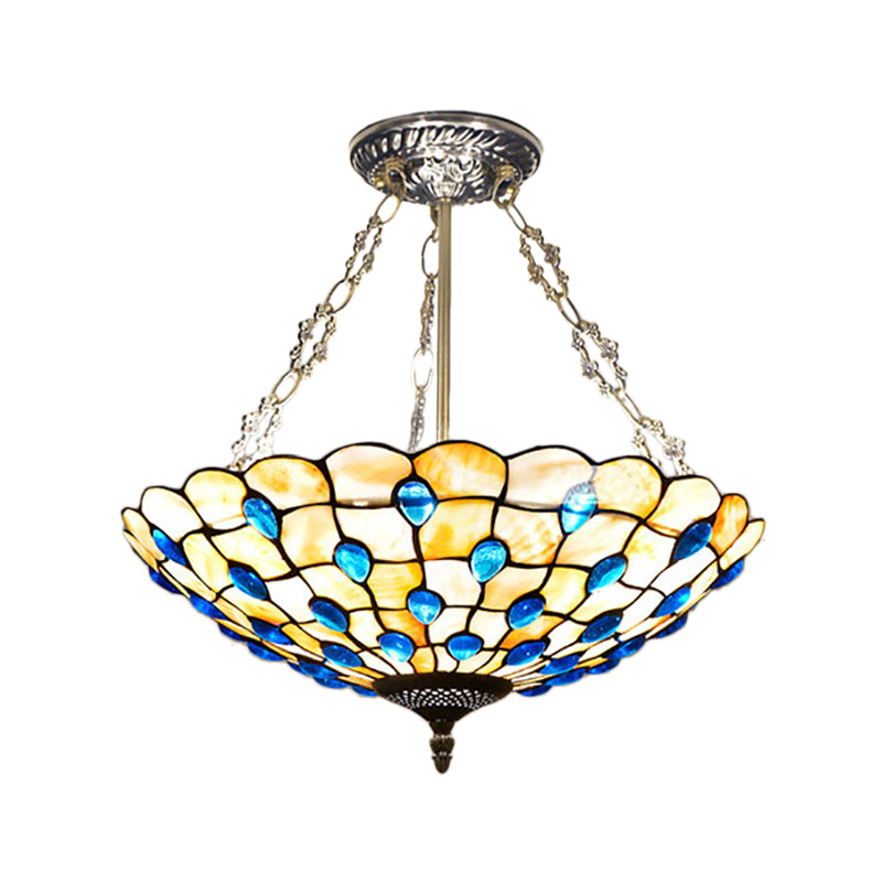 Stained Glass Semi Flush Ceiling Light with Jewel Decoration - Retro Style, Yellow/Beige, Various Sizes - Perfect for Bedrooms