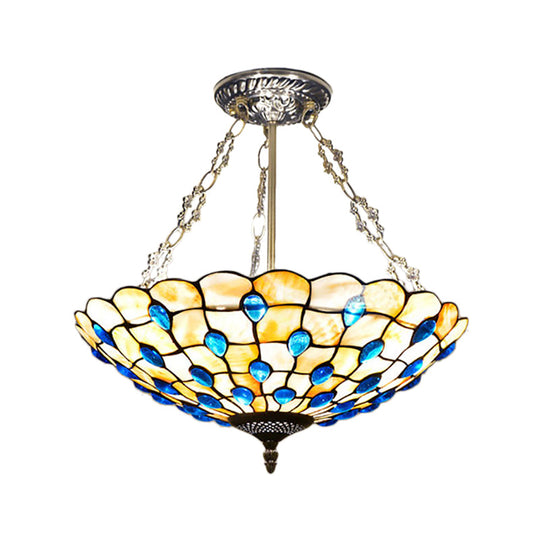 Stained Glass Semi Flush Ceiling Light With Jewel Decoration - Retro Style Yellow/Beige Various