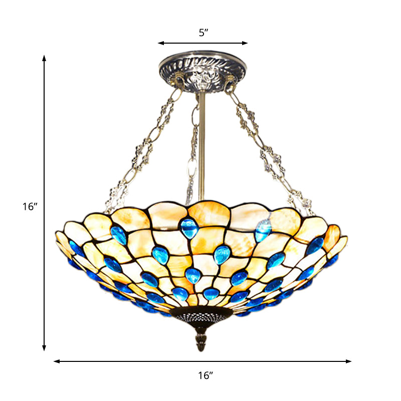 Stained Glass Semi Flush Ceiling Light with Jewel Decoration - Retro Style, Yellow/Beige, Various Sizes - Perfect for Bedrooms