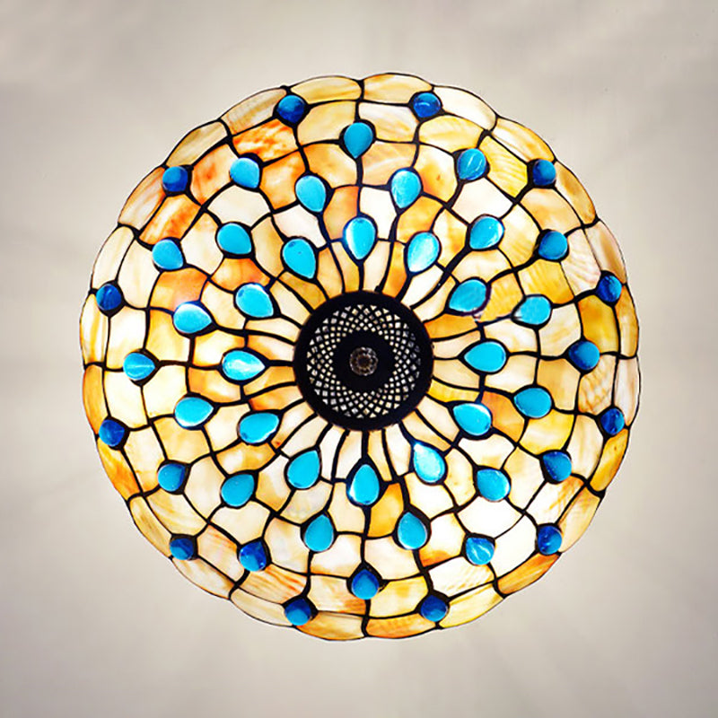 Stained Glass Semi Flush Ceiling Light with Jewel Decoration - Retro Style, Yellow/Beige, Various Sizes - Perfect for Bedrooms