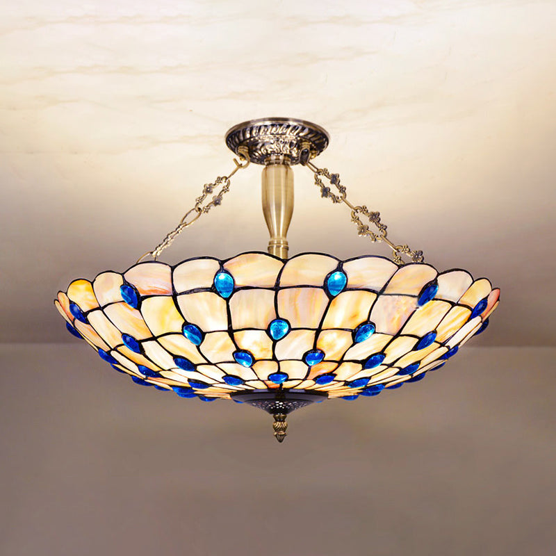 Stained Glass Semi Flush Ceiling Light with Jewel Decoration - Retro Style, Yellow/Beige, Various Sizes - Perfect for Bedrooms