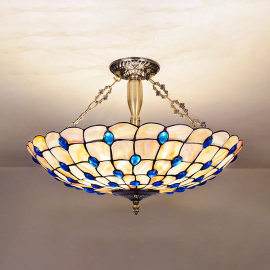 Stained Glass Semi Flush Ceiling Light with Jewel Decoration - Retro Style, Yellow/Beige, Various Sizes - Perfect for Bedrooms