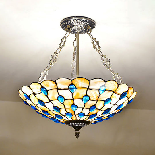 Stained Glass Semi Flush Ceiling Light with Jewel Decoration - Retro Style, Yellow/Beige, Various Sizes - Perfect for Bedrooms