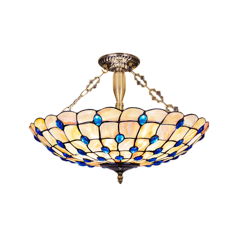 Stained Glass Semi Flush Ceiling Light with Jewel Decoration - Retro Style, Yellow/Beige, Various Sizes - Perfect for Bedrooms