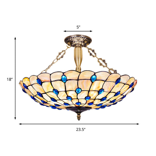 Stained Glass Semi Flush Ceiling Light with Jewel Decoration - Retro Style, Yellow/Beige, Various Sizes - Perfect for Bedrooms