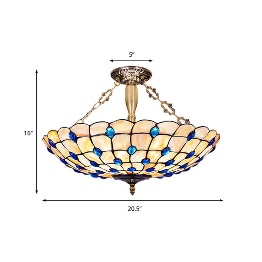 Stained Glass Semi Flush Ceiling Light With Jewel Decoration - Retro Style Yellow/Beige Various