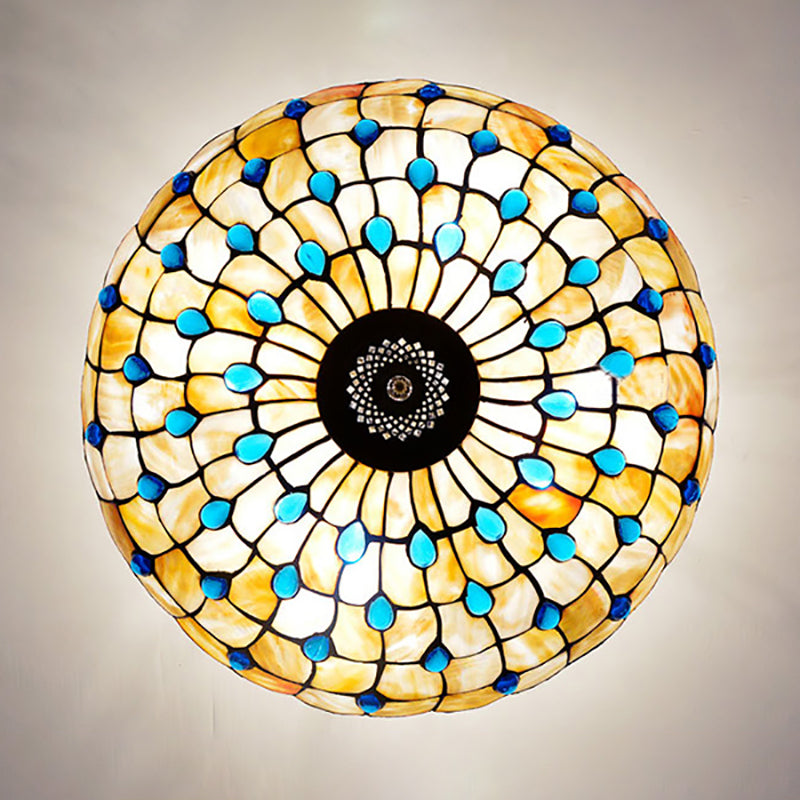 Stained Glass Semi Flush Ceiling Light with Jewel Decoration - Retro Style, Yellow/Beige, Various Sizes - Perfect for Bedrooms