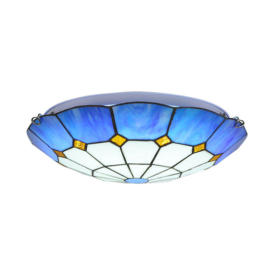 Tiffany Blue Stained Glass Flush Ceiling Light With Bowl Shade - Perfect For Living Room