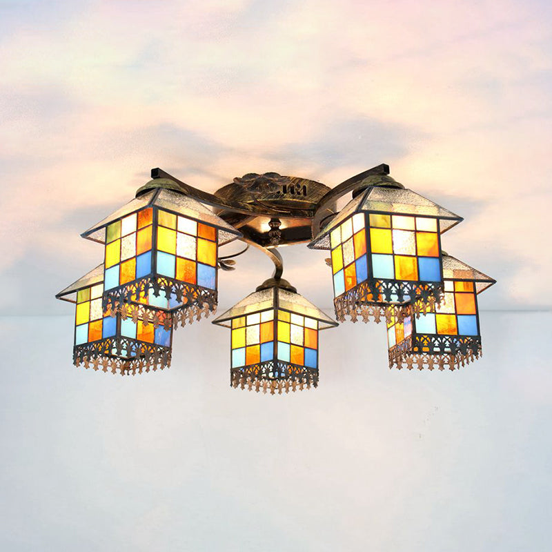 Antique Bronze Lodge Glass Shade Semi Flush Ceiling Light - 5 Lights House Flushmount