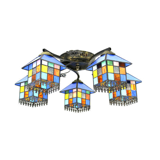 5-Light Lodge Glass Semi Flush Ceiling Light in Antique Bronze