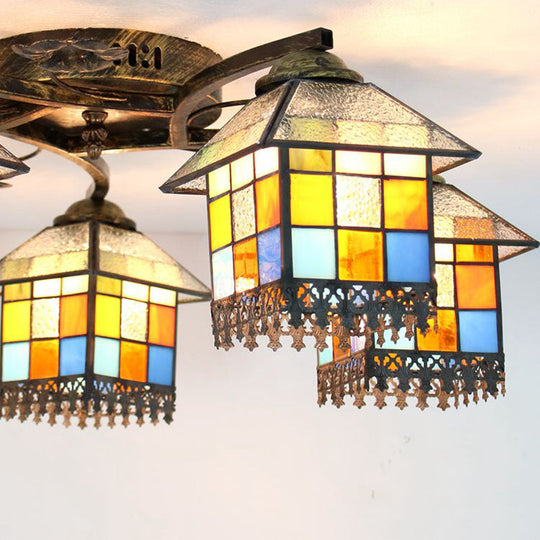 Antique Bronze Lodge Glass Shade Semi Flush Ceiling Light - 5 Lights House Flushmount