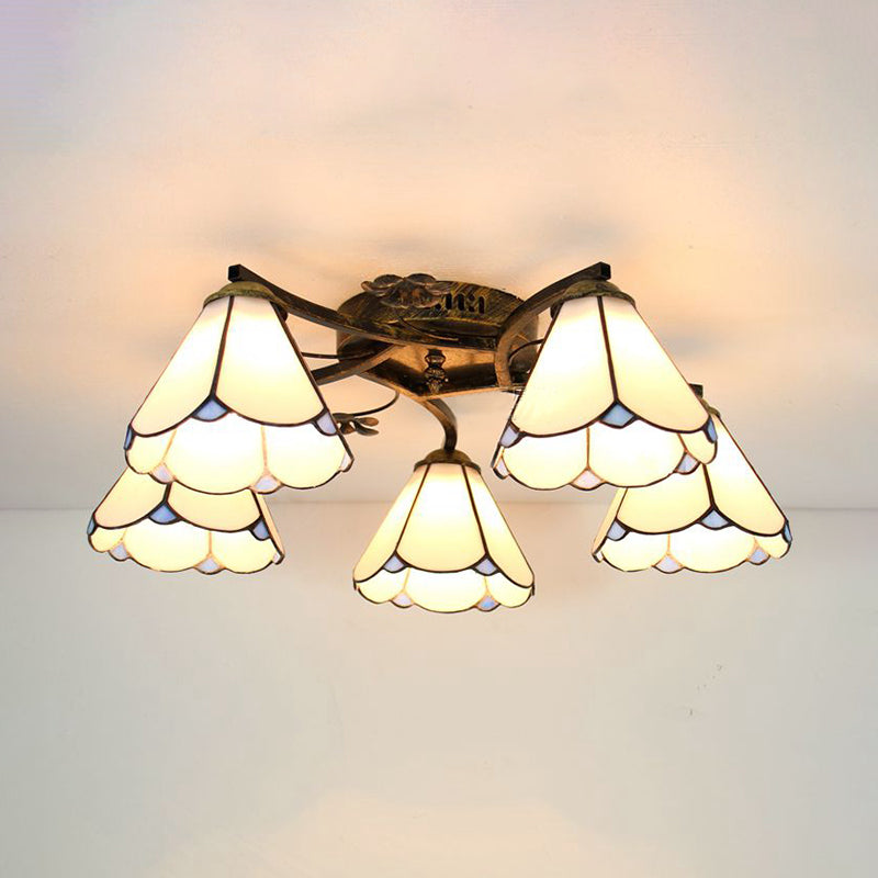 Antique Bronze Semi Flush Mount Light With 5 White Glass Cone Lights For Bedroom