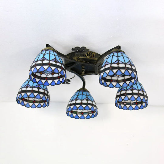 Baroque Semi Flush Stained Glass Bowl Ceiling Light - Blue | 5-Light Dining Room Lighting