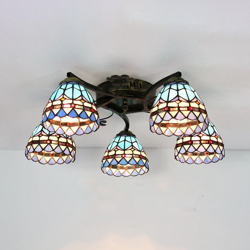 Baroque Semi Flush Stained Glass Bowl Ceiling Light - Blue | 5-Light Dining Room Lighting