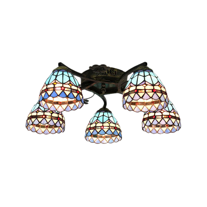 Baroque Semi Flush Stained Glass Bowl Ceiling Light - Blue | 5-Light Dining Room Lighting