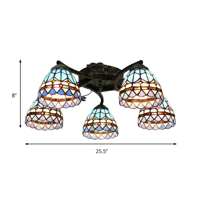 Baroque Semi Flush Stained Glass Bowl Ceiling Light - Blue | 5-Light Dining Room Lighting