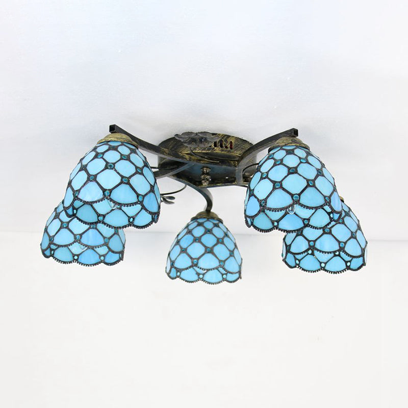 Tiffany Dome Semi Flushmount With Fish Scale Stained Glass - 5-Light Fixture For Bedroom Blue