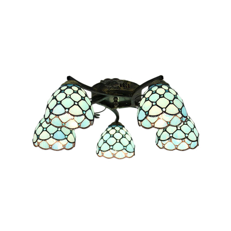 Tiffany Dome Fish Scale Stained Glass Semi Flushmount Light Fixture (5 Lights) - Ideal for Bedrooms