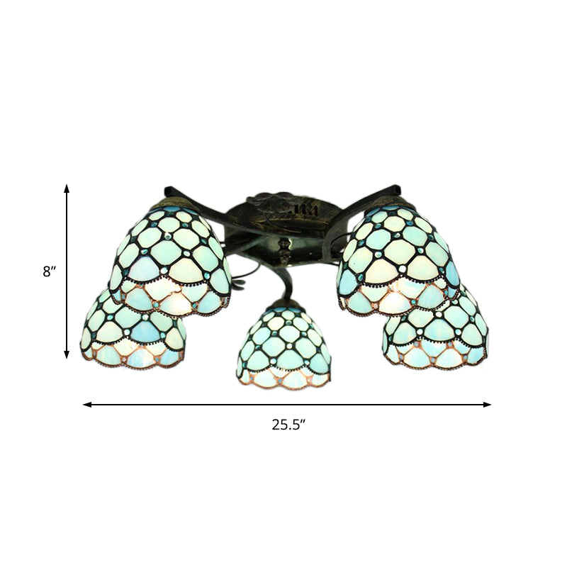 Tiffany Dome Semi Flushmount With Fish Scale Stained Glass - 5-Light Fixture For Bedroom