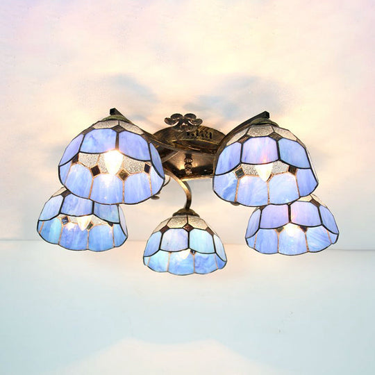 White/Clear Stained Glass Dome Semi Flushmount: 5-Light Mediterranean Semi Flush Light for Bedroom