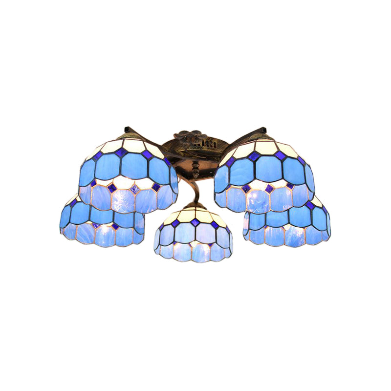 White/Clear Stained Glass Dome Semi Flushmount: 5-Light Mediterranean Semi Flush Light for Bedroom