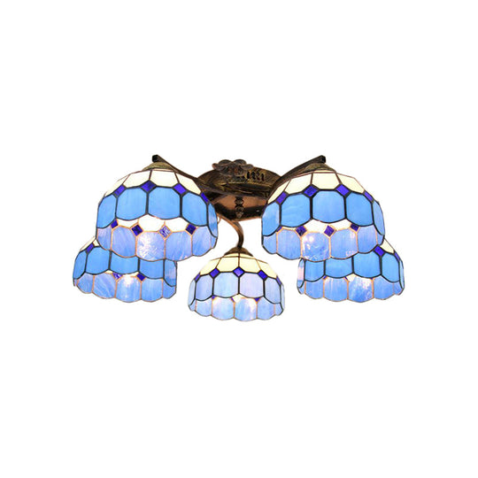 White/Clear Stained Glass Dome Semi Flushmount: 5-Light Mediterranean Semi Flush Light for Bedroom