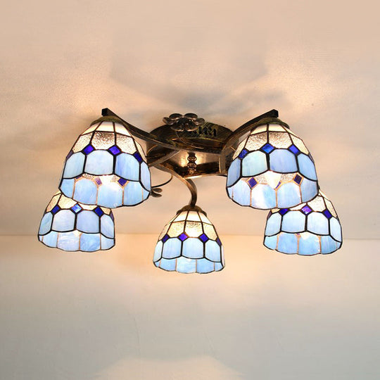 5-Light Tiffany Style Dome Semi Flush Mount Light in White/Clear