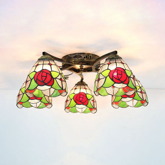 Lodge Style Stained Glass Rose Semi Flushmount with 5 Heads for Living Room - Clear/White Flush Lighting