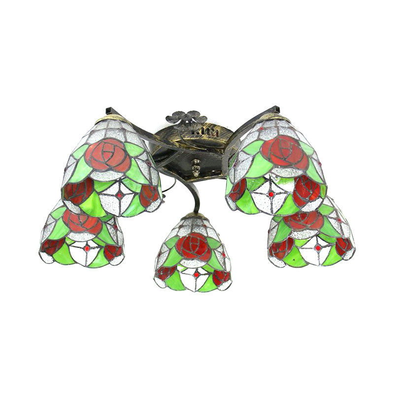 Lodge Style Stained Glass Rose Semi Flushmount with 5 Heads for Living Room - Clear/White Flush Lighting