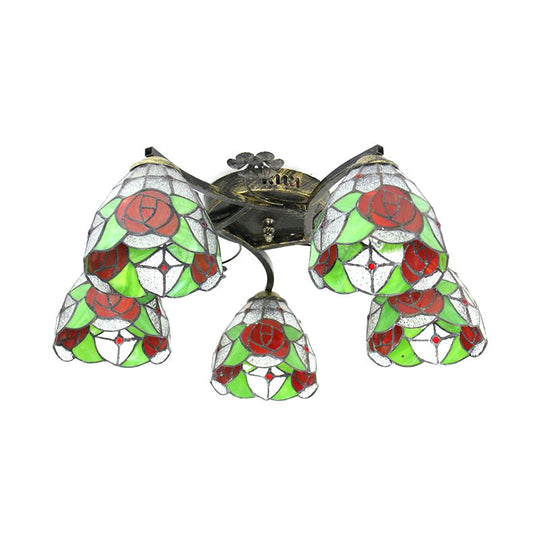 Lodge Style Stained Glass Rose Semi Flushmount With 5 Heads For Living Room - Clear/White Flush