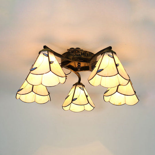 Lodge Style Clear/Blue/Beige Stained Glass Semi Flush Mount Light With Cone Shade - 5 Lights For