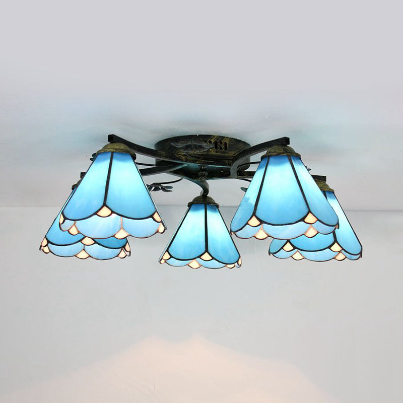 Lodge Style Clear/Blue/Beige Stained Glass Semi Flush Mount Light With Cone Shade - 5 Lights For