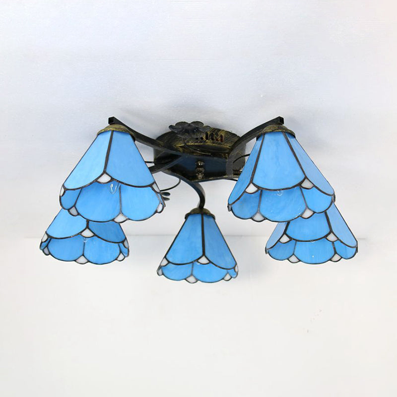 Lodge Style Clear/Blue/Beige Stained Glass Semi Flush Mount Light With Cone Shade - 5 Lights For