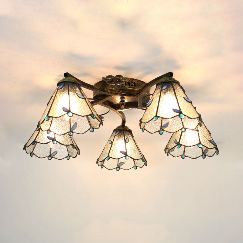 Lodge Style Clear/Blue/Beige Stained Glass Semi Flush Mount Light With Cone Shade - 5 Lights For