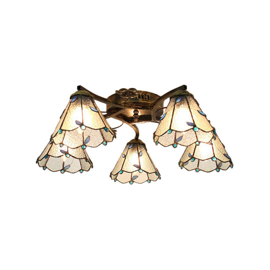 Lodge Style Clear/Blue/Beige Stained Glass Semi Flush Mount Light With Cone Shade - 5 Lights For