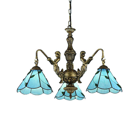 Blue Tiffany Conical Stained Glass Chandelier Ceiling Light - Mermaid Design 3/5 Lights